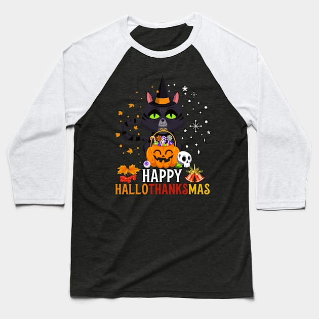 Black Cat Halloween And Merry Christmas Happy Hallothanksmas Baseball T-Shirt by folidelarts